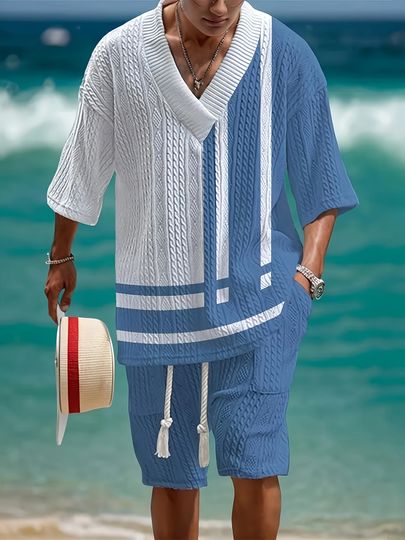 Men’s V-Neck Casual Summer Outfit Set with Color Block T-Shirt and Shorts