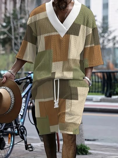 Men’s V-Neck Summer 3D Printed T-Shirt and Shorts Set