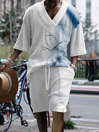 Men's V-Neck Casual Summer Outfit Set in Blue Gradient 3D Printed