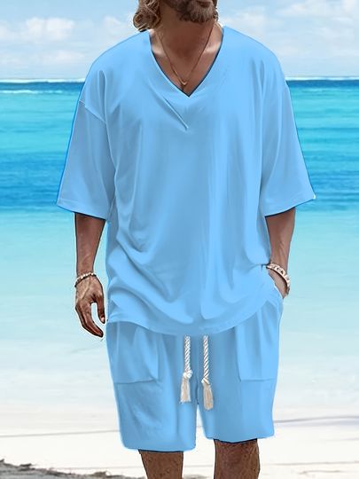 Men's V-Neck Short Sleeve Drawstring Shorts Two-Piece Casual Summer Set
