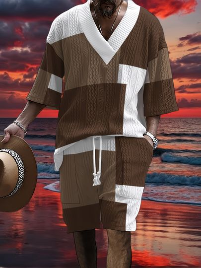 Men's Brown and White V-Neck Casual Summer Outfit Set with Short-Sleeved Top and Drawstring Shorts