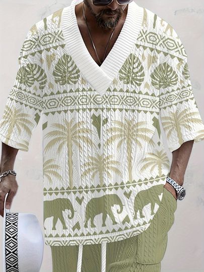 Discover Men’s V-Neck Casual Summer Outfit Set with 3D Coconut Tree Print