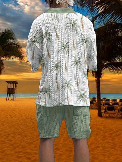 Men’s V-neck Casual Summer Outfit Set with Coconut Tree Print and Green Shorts