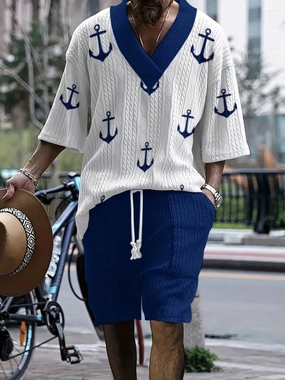 Men's V-Neck Casual Summer Outfit Set - Jacquard T-Shirt and Shorts