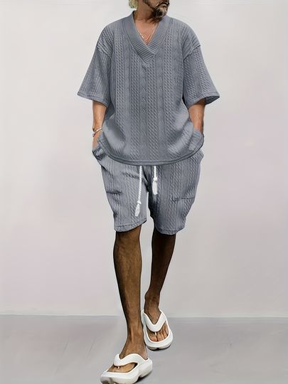 Gray Men's V-Neck Summer Outfit Set with Tops and Shorts