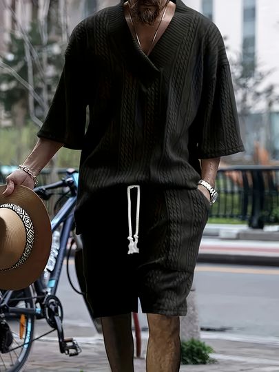 Black Men's Summer Short Set Casual V-Neck Outfit
