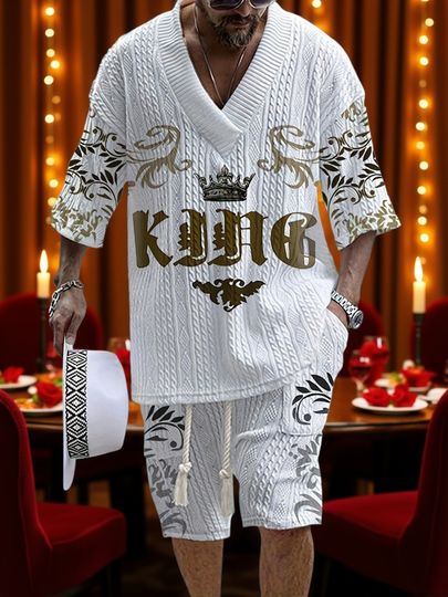 Men's V-Neck Casual Summer Outfit Set, Short Sleeve Top and Shorts