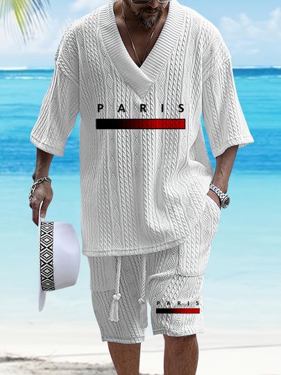 Men’s V-Neck Short-Sleeve Shirt and Shorts Summer Jacquard Set