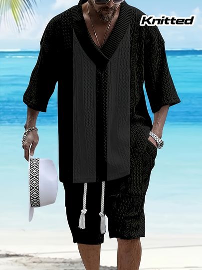 Men's 3D V-neck Casual Summer Outfit Set with Short Sleeve Shirt and Drawstring Shorts