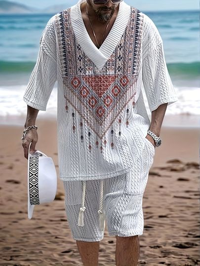 Men’s V-Neck Jacquard Summer Outfit Set with Ethnic Elements