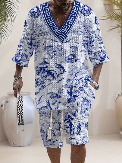 V-Neck Floral T-Shirt and Shorts Set for Men