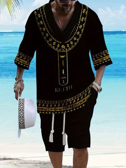 Men's V-Neck Casual Summer Outfit Set Short-Sleeve T-Shirt and Shorts