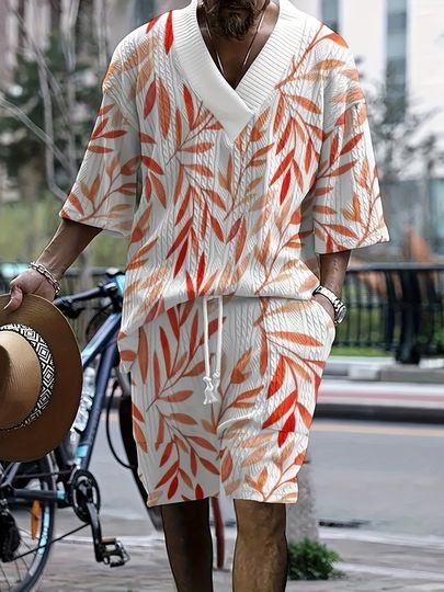 Men's Summer Knit Shorts Set with V-Neck Short Sleeves and Drawstring Shorts