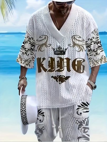 Men's V-Neck Jacquard Summer Short Sleeve Outfit Set for Casual and Daily Wear