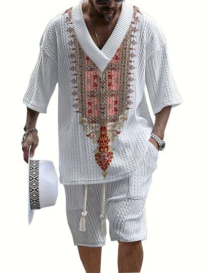 Men's V-Neck Casual Summer Outfit Set with Jacquard Pattern and Ethnic Details
