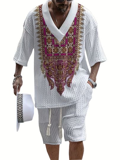Men’s V-Neck Short Sleeve & Pants Set with Ethnic Print for Casual Summer Outings