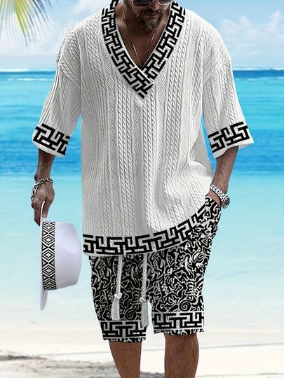 Men's V-neck Casual Summer Set with Diamond Pattern Top and Geometric Printed Shorts