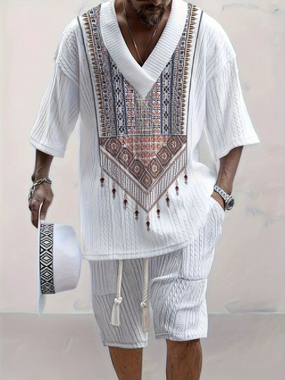 Men's V-Neck Casual Summer Outfit Set with 3D Print Shorts and Solid Color T-Shirt