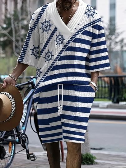 Men’s V-neck Summer Nautical Sweatsuit Set with 3D Sailboat Print, Short Sleeve T-Shirt and Shorts