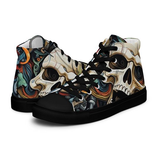Discover Men's High Top Canvas Sneakers with Skull Tattoo Design