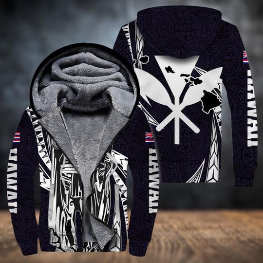 Polynesian King T Tattoo 3D Fleece Zip Hoodie, Hawaiian Style Violet Streetwear Jacket for Men and Women
