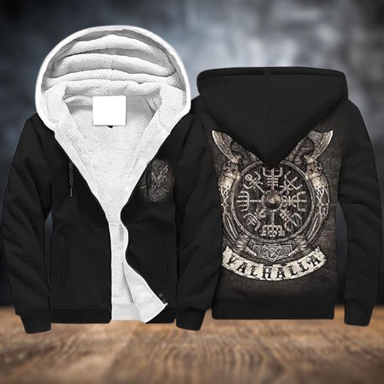 Discover Viking Valhalla Sherpa Fleece Zip Hoodie Norse Mythology Vegvisir Compass Winter Coat