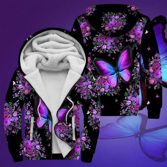 Discover Beautiful Butterfly Purple Fleece Zip Hoodie for Women
