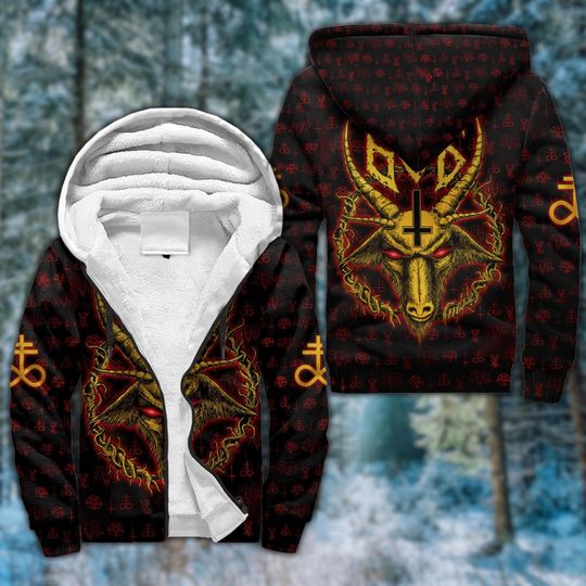 Baphomet Horns Gothic Fleece Hoodie with Zip, Occult Winter Jacket