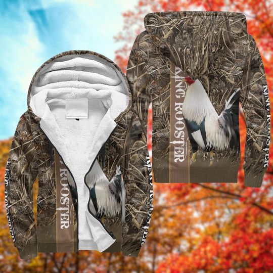 King Rooster Camo Fleece Zip Hoodie, Farm Animal Graphic Jacket, Gift for Him and Her