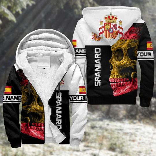 Discover Personalized Spain Flag 3D Fleece Zip Hoodie, Custom Espaa Heritage Skull Hoodie