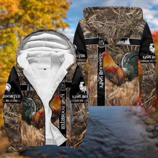 King Rooster Camo 3D Fleece Zip Hoodie, Farm Animal Graphic Hoodie, Hunter Style Hooded Sweatshirt