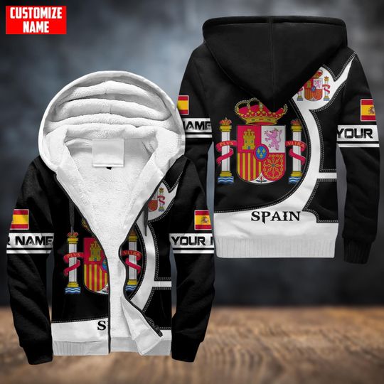 Discover Personalized Spain Flag Fleece Zip Hoodie with Coat of Arms, Spanish Heritage Sports Jacket for Soccer Fans