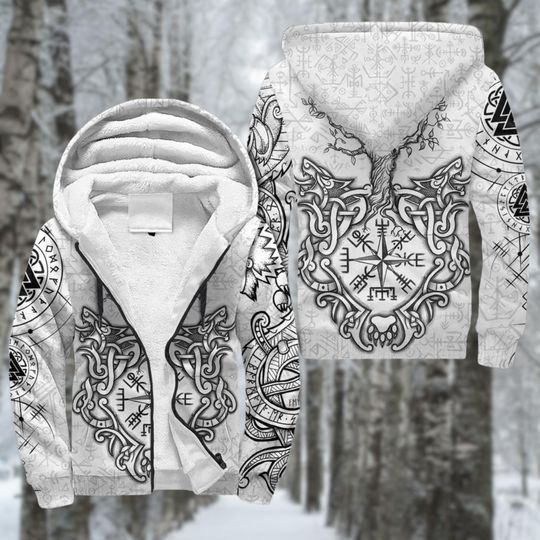 Discover Vegvisir Yggdrasil Sherpa Fleece Zip Hoodie, Norse Compass Fleece Lined Jacket, Celtic Knot Runes Zipper Coat, Viking Tree of Life Winter Wear