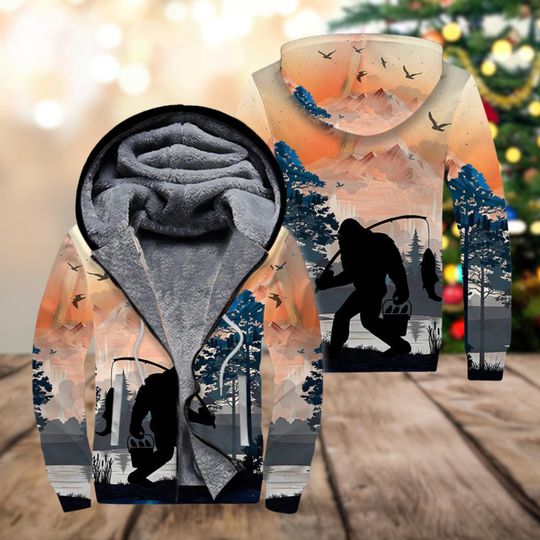 Discover Bigfoot Fishing 3D Fleece Zip Hoodie All Over Print Sasquatch Hoodie for Men and Women Outdoor Fisherman Gift