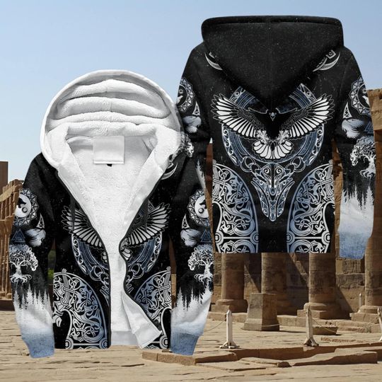 Discover Viking Raven Wolf 3D Fleece Zip Hoodie, Nordic Odin-Inspired Winter Coat, Norse Mythology Hoodie for Men