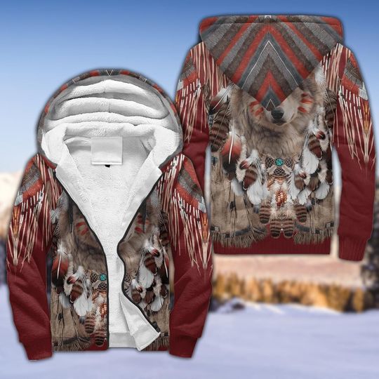 Discover Wolf Feather Art 3D Fleece Zip Hoodie with Tribal Design Winter Warm Hooded Jacket