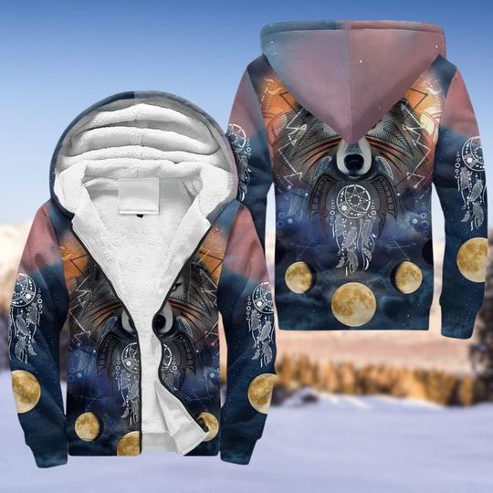 Discover Wolf Dreamcatcher 3D Fleece Zip Hoodie, Moon Phase Fleece Lined Jacket, Boho Wolf Art Hooded Coat, Winter Warm Zip Up