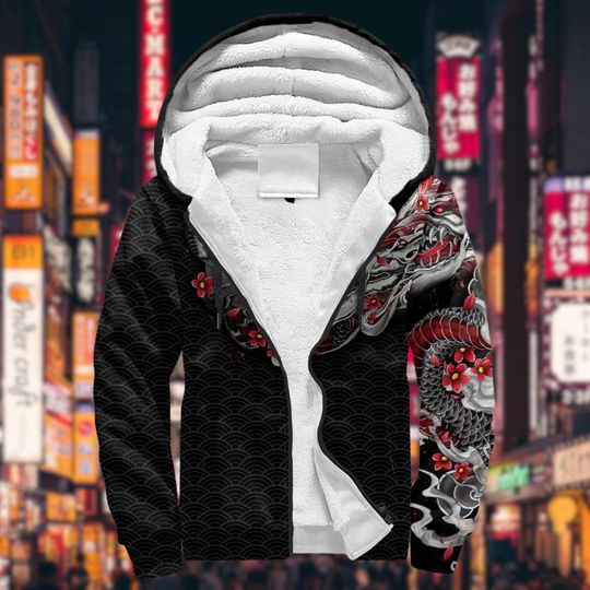 Japanese Oni and Snake Tattoo Zip Hoodie Men’s 3D Fleece Fuzzy Sherpa Lined Streetwear Winter Jacket