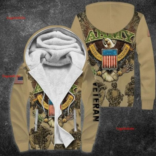 Discover US Army Veteran 3D Fleece Zip Hoodie, All-Over Print Military Hoodie, Warm Veteran Sweatshirt for Men