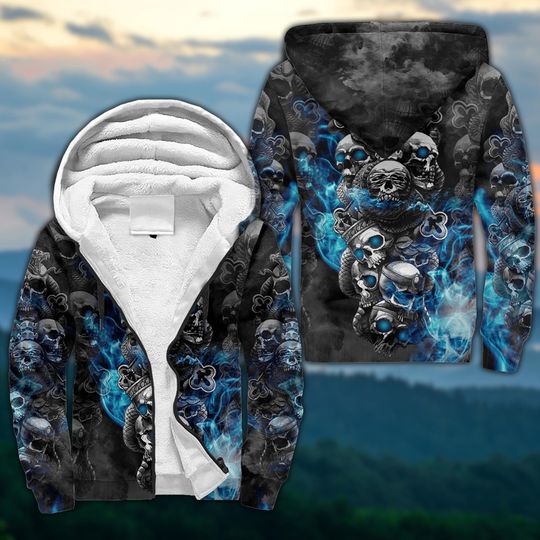 Discover Blue Fire Skull 3D Fleece Zip Hoodie, Gothic Skeleton Fleece Jacket, Mystical Flame Zip-Up Coat, Dark Fantasy Winter Wear