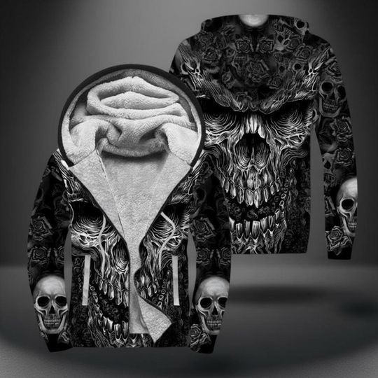 Discover Skull Graphic 3D Zip Hoodie, Gothic Streetwear Sweatshirt with All-Over Skull Print, Casual Full-Zip Hoodie