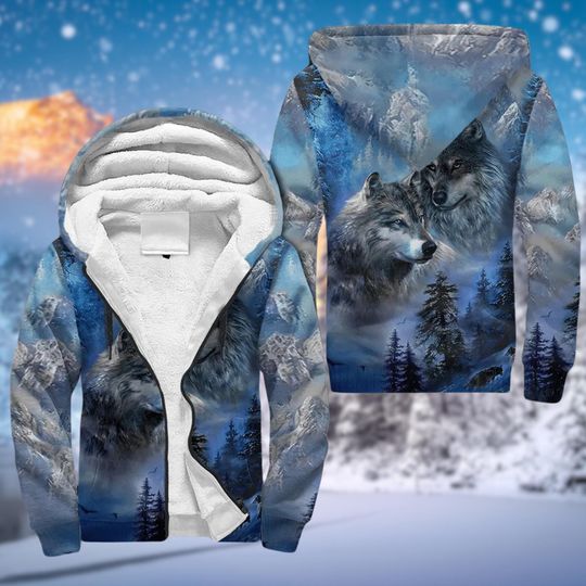 Discover Mountain Wolf Fleece Zip Hoodie with Snow Peak Wildlife Art, Blue Forest Wilderness Jacket