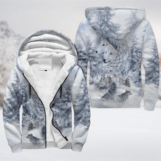 Discover White Wolf Dreamcatcher 3D Fleece Zip Hoodie, Snowy Forest Arctic Wildlife Fleece Jacket, Cozy Winter Nature Wear