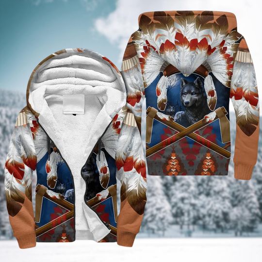Discover Native American Spirit Wolf 3D Fleece Zip Hoodie Tribal Headdress Warrior Western Tomahawk Winter Outdoor Jacket