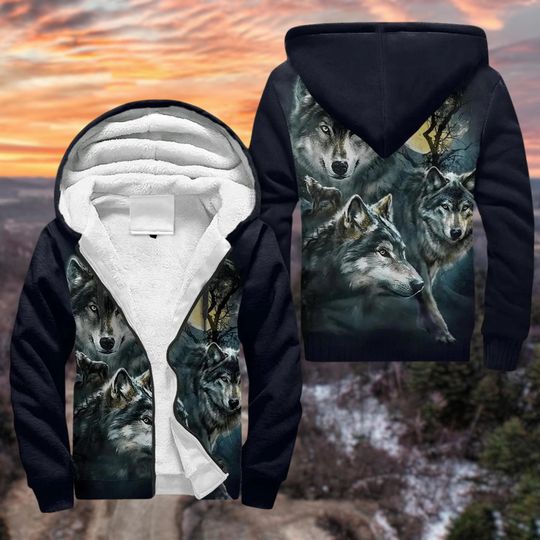Discover Mystical Wolf Pack Zip Hoodie, Forest Wildlife Fleece Jacket, Dark Nature-Inspired Winter Wear for Men and Women