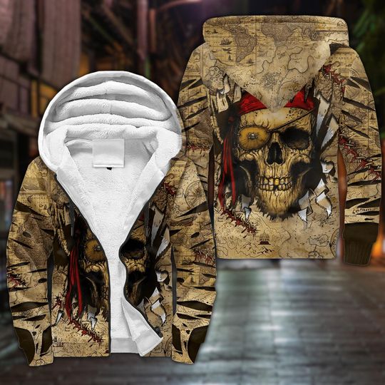 Discover Vintage Pirate Skull Fleece Zip Hoodie with Nautical Treasure Map - Sea Adventure Winter Wear