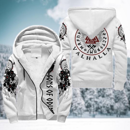 Discover Viking Valhalla Hoodie Norse Mythology Fleece Jacket Sons of Odin Valknut Zip Up Coat Winter Nordic Warrior Apparel