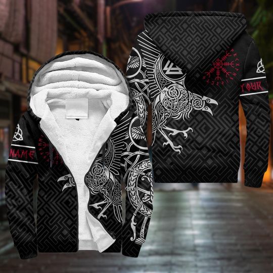 Personalized Viking Hoodie with Raven Odin and Norse Runes Fleece Zip Up