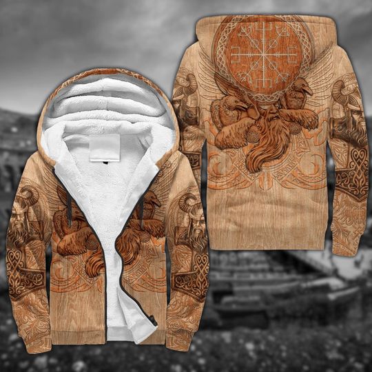Discover Viking Odin Ravens Wood Carving 3D Fleece Zip Hoodie with Vegvisir Compass Norse Mythology Warrior Winter Jacket