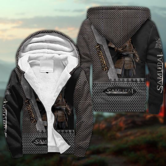 Samurai Armor 3D Printed Fleece Zip Hoodie, Japanese Warrior Streetwear Winter Coat, Men’s Gift